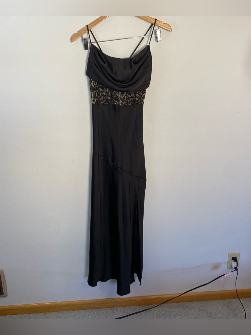 Saints + Secrets Black Satin Style Maxi Dress Draped Cowl‎ Neckline Formal Large